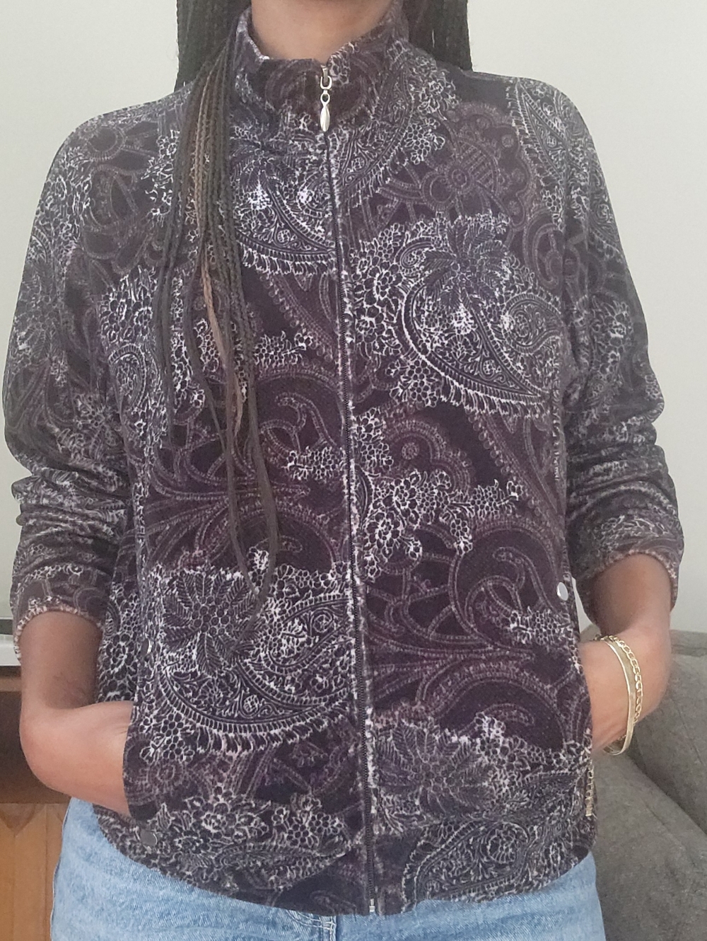 Jane Ashley Petite Paisley Velvet Zip Jacket Dark Purple Cotton Blend PL